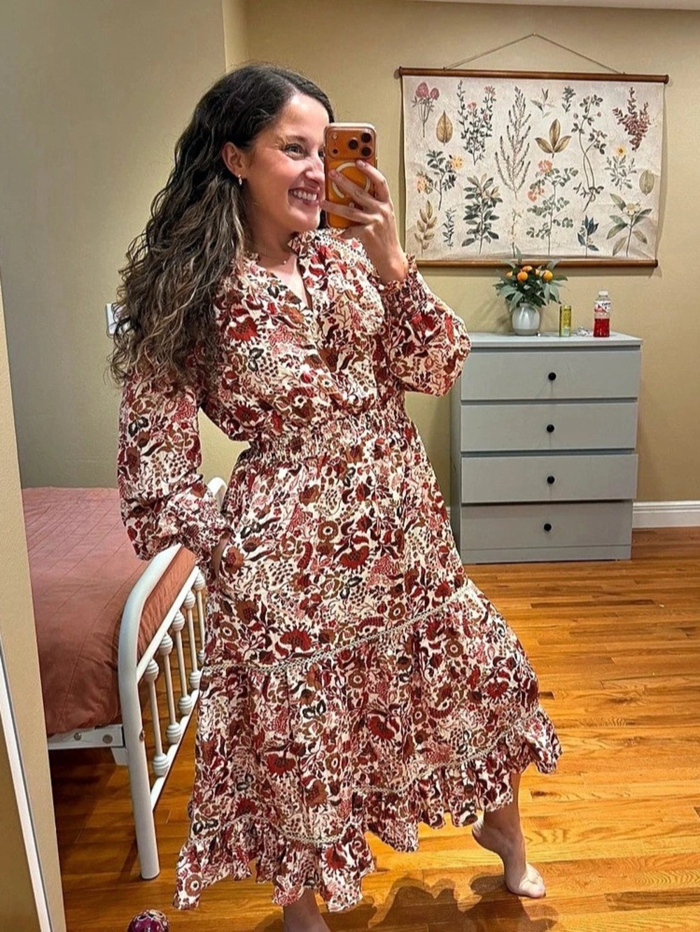 Sam Edelman Maya Fall Floral Midi Dress in Red & White Size Medium Like New